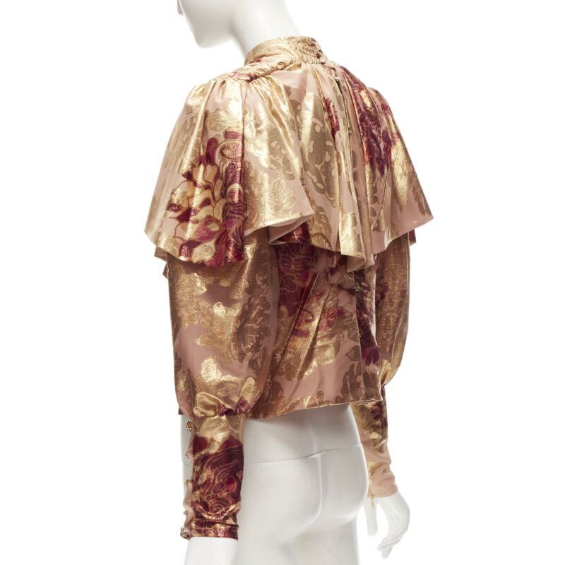 RAISA VANESSA rose gold foil jacquard rhinestone buttons Victorian top FR34 XS