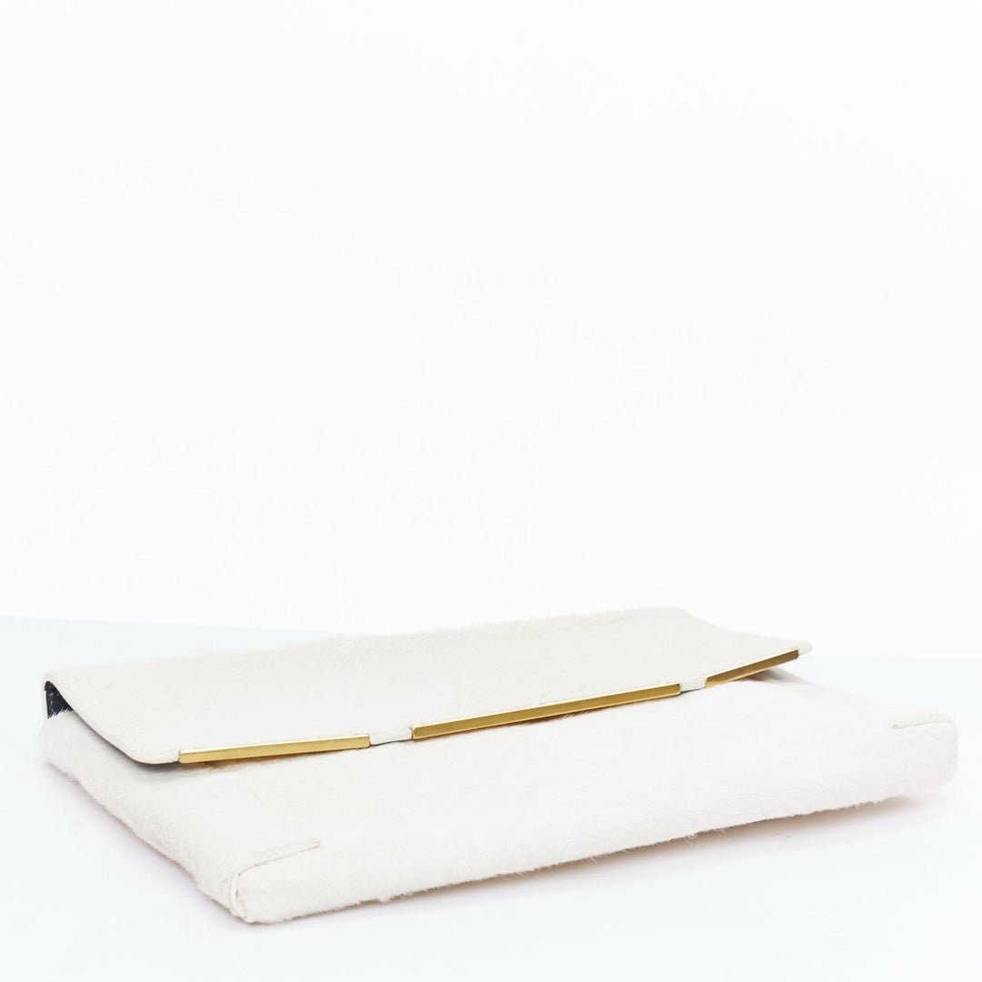 LANVIN Miss Sartorial off white calf hair gold bar flap envelope clutch bag
