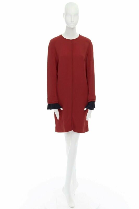 VVB VICTORIA BECKHAM red crepe navy pleated cuff long sleeves dress UK10 M