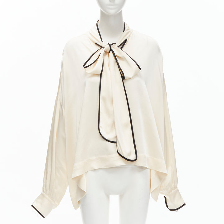 FRS FOR RESTLESS SLEEPERS cream crepe satin bow tie relaxed pajama blouse M