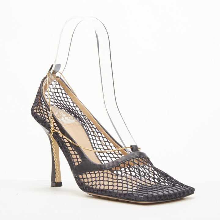 BOTTEGA VENETA DANIEL LEE black net mesh square toe gold chain heel  EU38.5