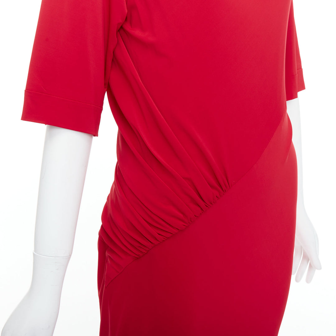DONNA KARAN red asymmetric neck tuck draped midi dress L