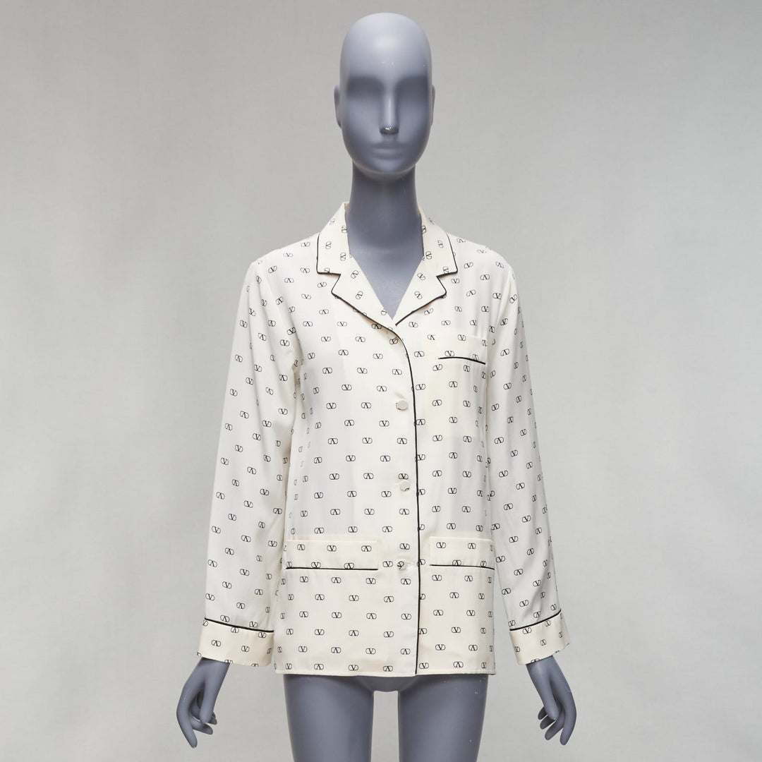 VALENTINO cream 100% silk V logo black piping collared pajama shirt IT36 XXS