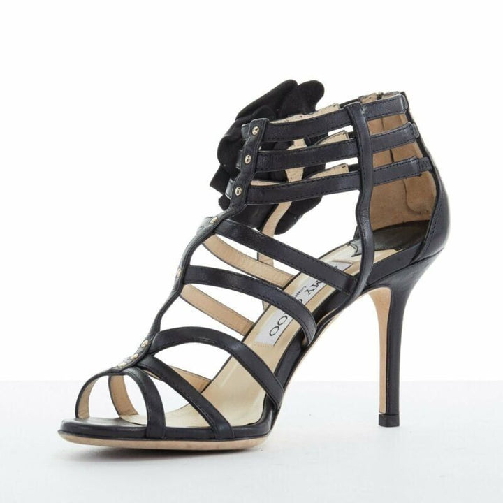 JIMMY CHOO black leather flower brooch caged strappy heel sandals EU35.5 US5.5