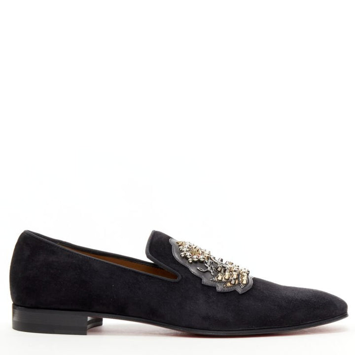 CHRISTIAN LOUBOUTIN Ecupump Flat black suede studded CL crest loafer EU42