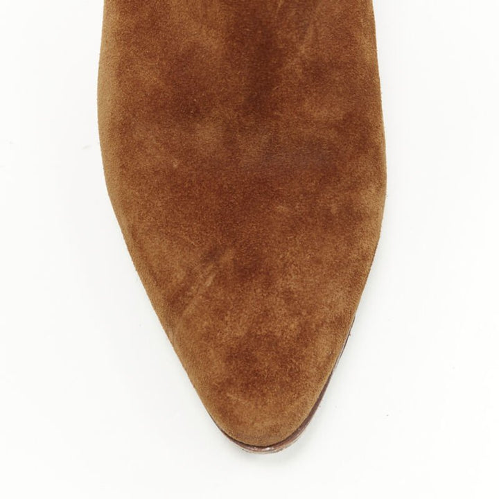 SAINT LAURENT Wyatt tan brown suede almond toe cuban bootie EU38