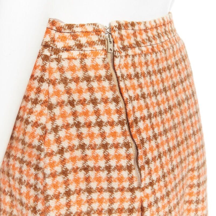 vintage CELINE 1980 orange check wool pleat skirt leather horsebit cuff FR44 XXL