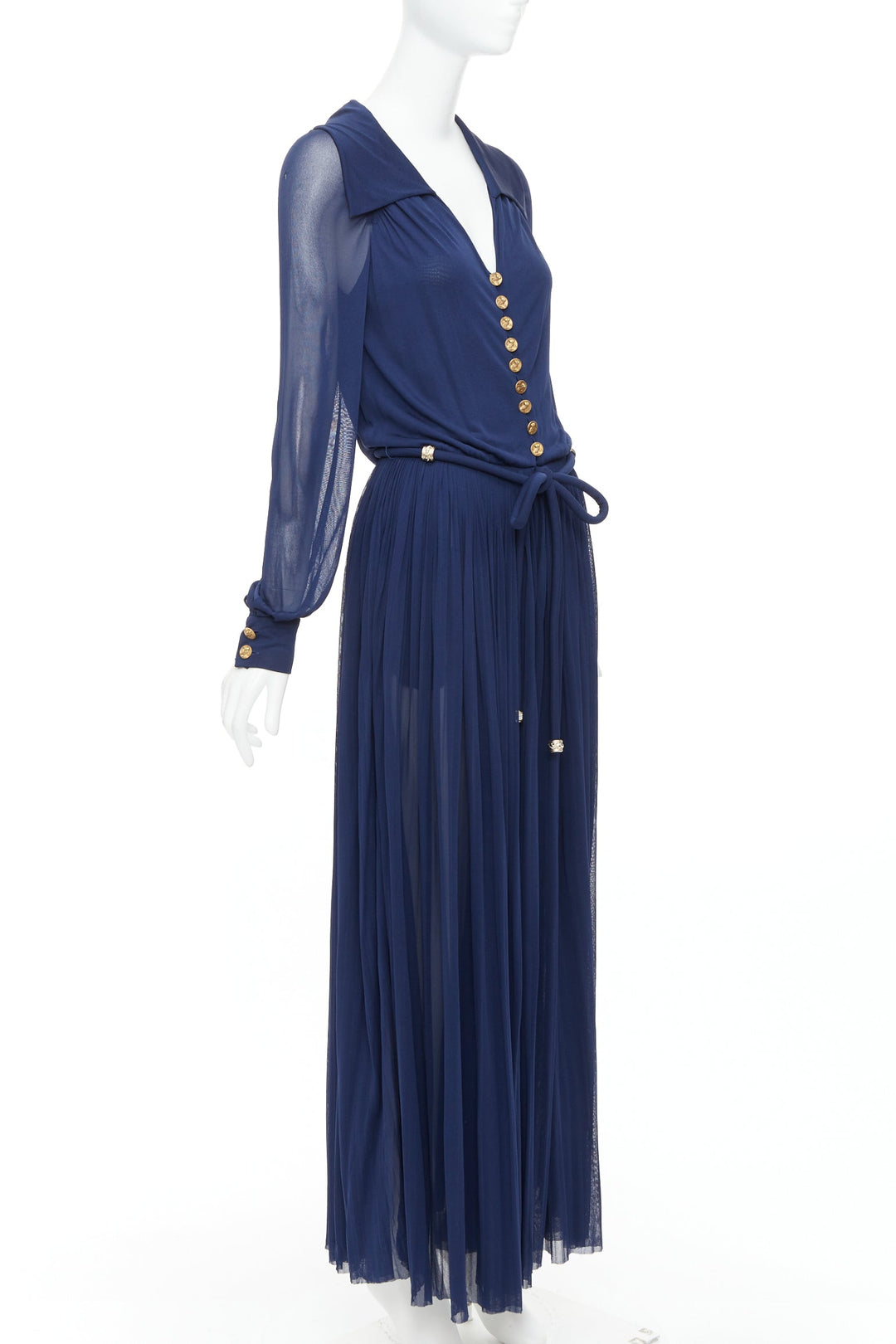 CHANEL 2017 Runway navy gold CC owl logo buttons pleated belted dress FR36 S