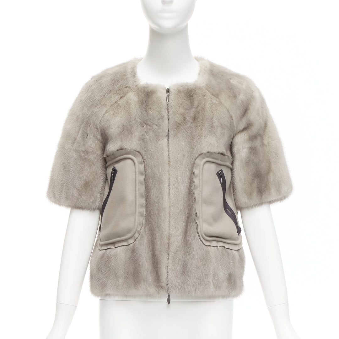 MARNI grey fur rounded short sleeve dual pocket cropped jacket IT38 XS