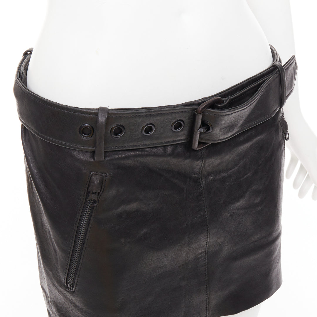 ACNE STUDIOS 2011 Mimi black tumbled lamb leather biker asymmetric skirt FR36 S