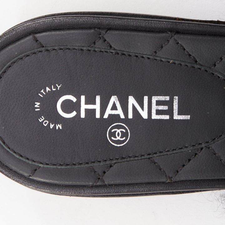 CHANEL black silver CC logo mongolian lamb fur fluffy slippers EU37.5