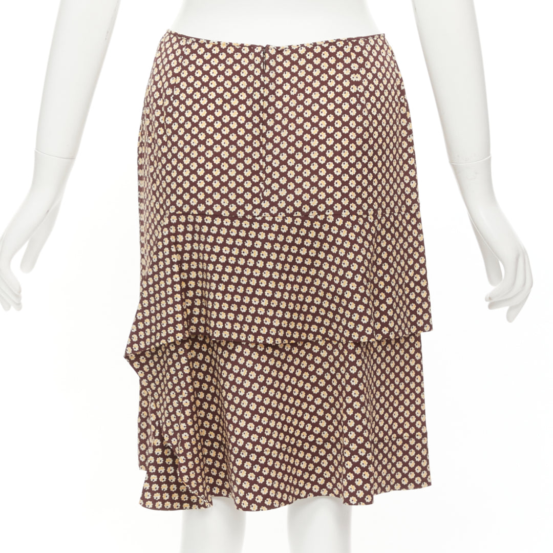 MARNI brown yellow floral silk blend ruffle drape front mid skirt IT40 S