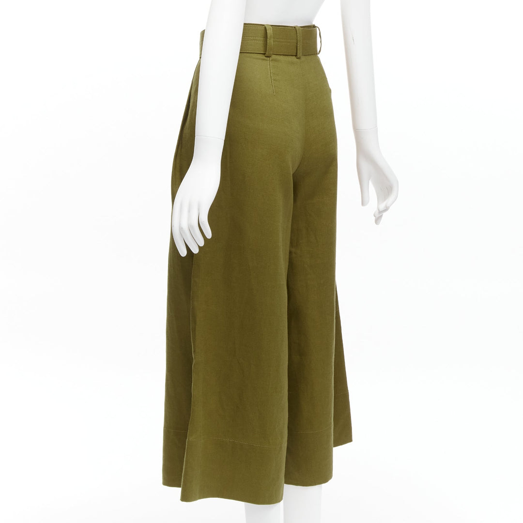 NICHOLAS military green 100% linen high waisted belted wide leg pants US6 M