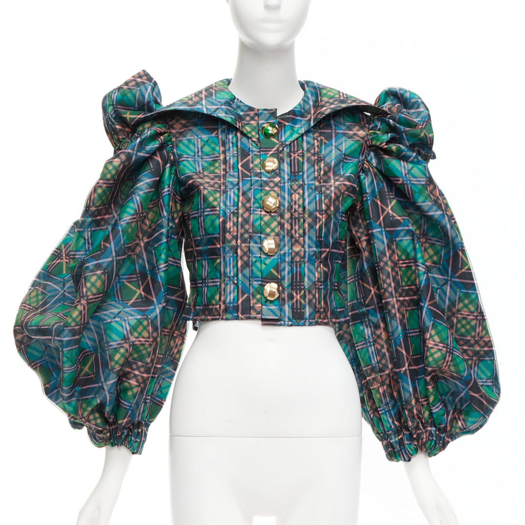 CHOPOVA LOWENA green plaid tartan gold textured button puff sleeve crop shirt S