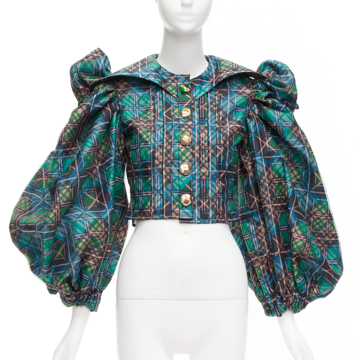 CHOPOVA LOWENA green plaid tartan gold textured button puff sleeve crop shirt S