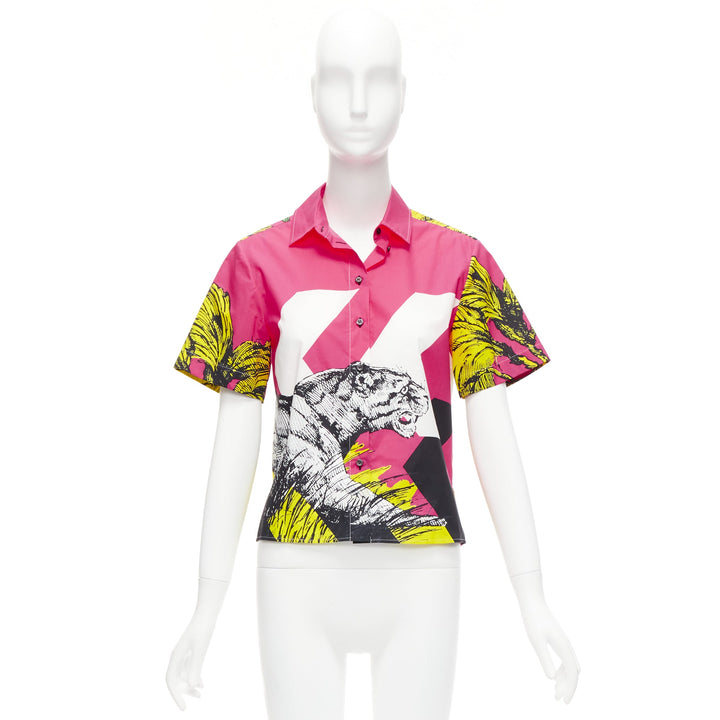 CHRISTIAN DIOR D-Jungle Pop Tiger pink print poplin short sleeve shirt FR34 XS