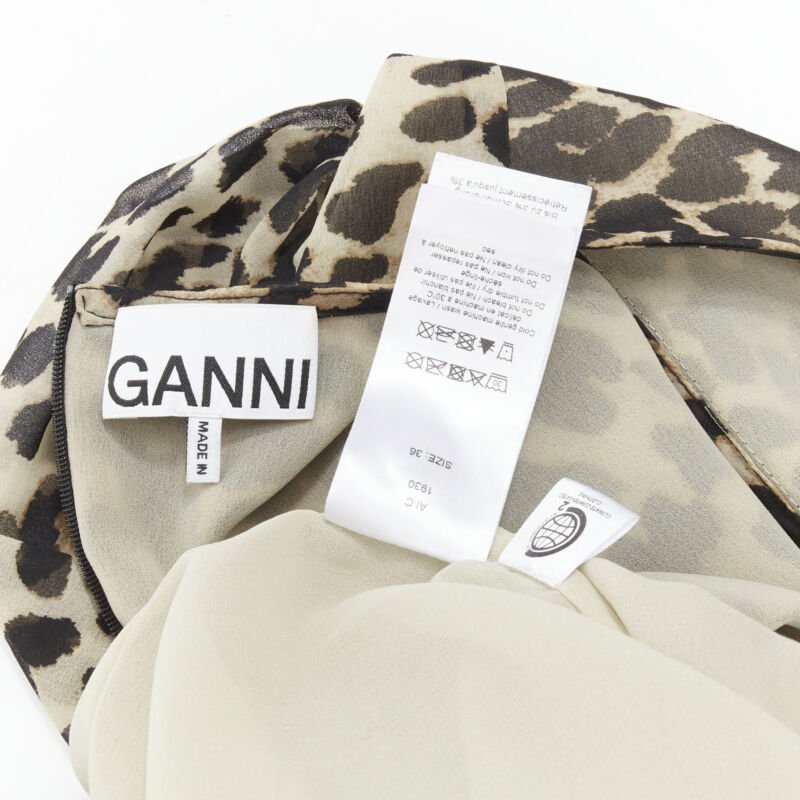 GANNI brown leopard spot print pleated flared babydoll dress FR36 S