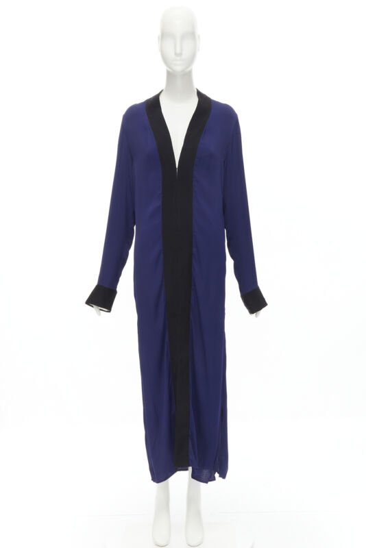 HAIDER ACKERMANN dark blue rayon black silk trimmed long robe jacket FR36 S