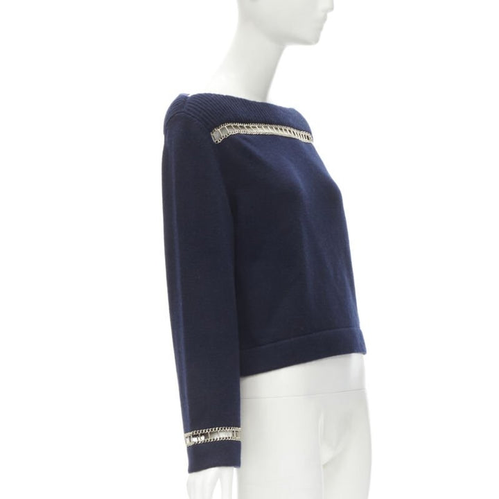 CHANEL 2020 Runway 100% cashmere navy gold chain trim boat neck sweater FR38
