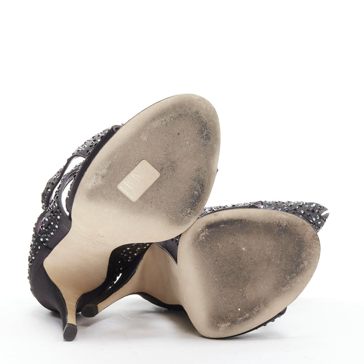 GIUSEPPE ZANOTTI black crystal satin leather lined cutout sandals heels EU37.5