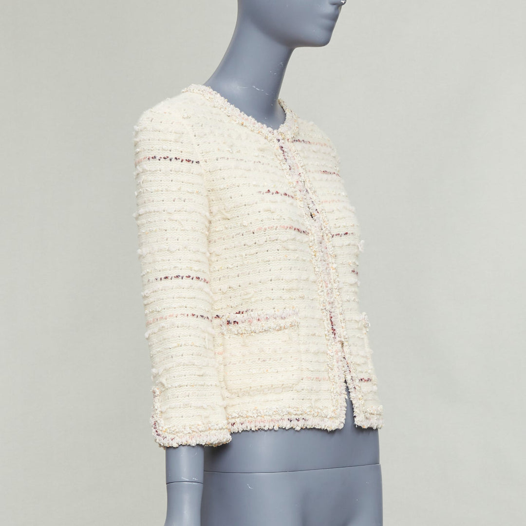 CHANEL 05A cream pink wool boucle tweed gold CC buttons cardigan FR38 M