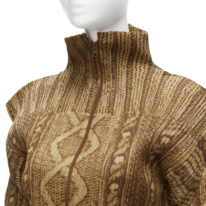 ISSEY MIYAKE PLEATS PLEASE brown tromp loeil cable knit zip up jacket JP4 XL