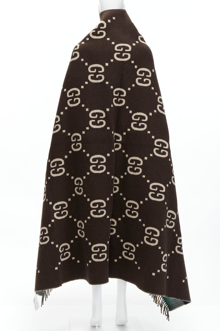 GUCCI 100% wool green red plaid tartan brown GG monogram blanket scarf