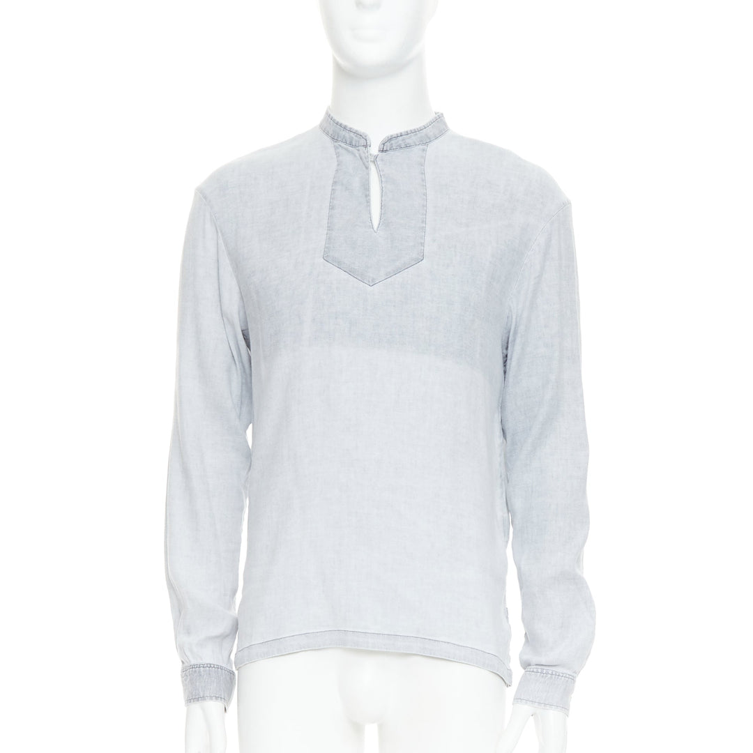 A.P.C. grey linen blend washed distressed slit collar long sleeve shirt S