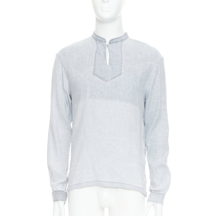 A.P.C. grey linen blend washed distressed slit collar long sleeve shirt S