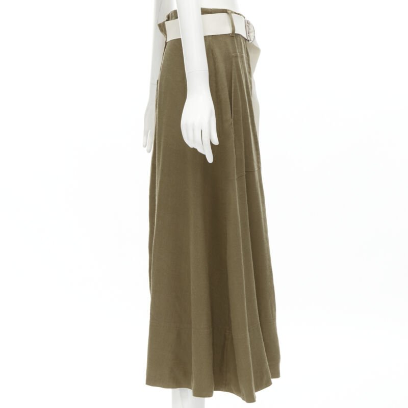TIBI safari brown linen blend wide canvas belted wrap midi skirt US6 S