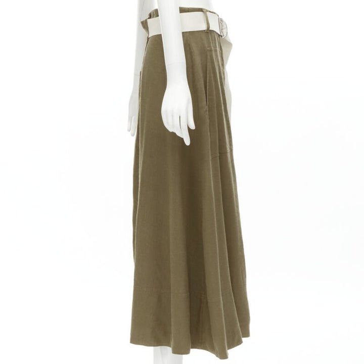 TIBI safari brown linen blend wide canvas belted wrap midi skirt US6 S
