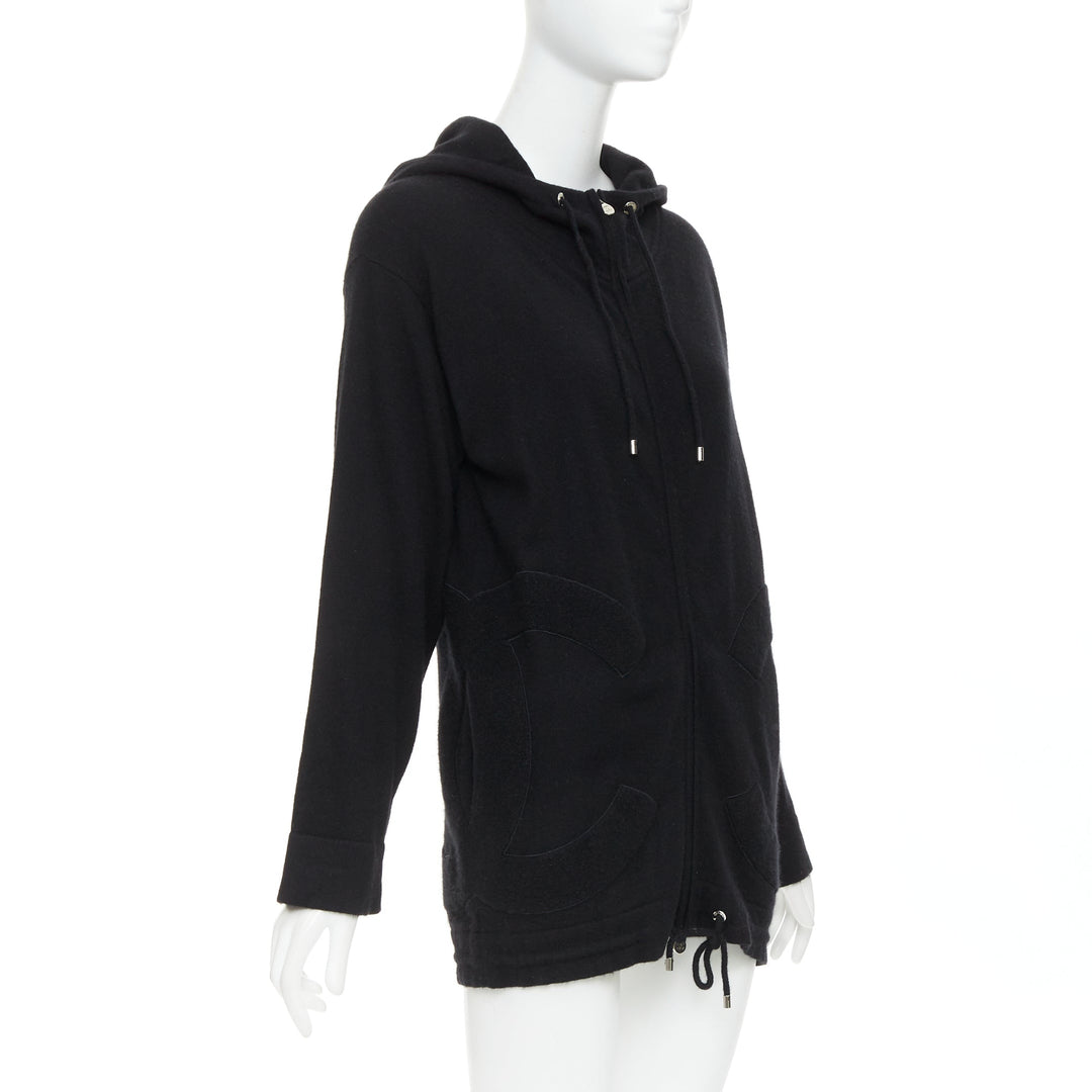 CHANEL 2015 Karl Lagerfeld 100% cashmere black double CC pockets hoodie FR34 XS