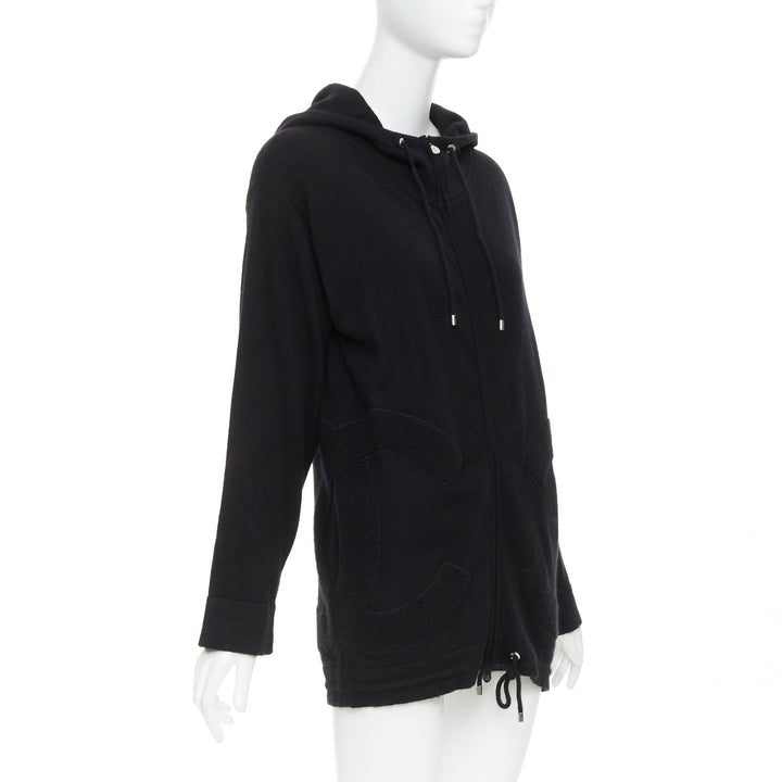 CHANEL 2015 Karl Lagerfeld 100% cashmere black double CC pockets hoodie FR34 XS