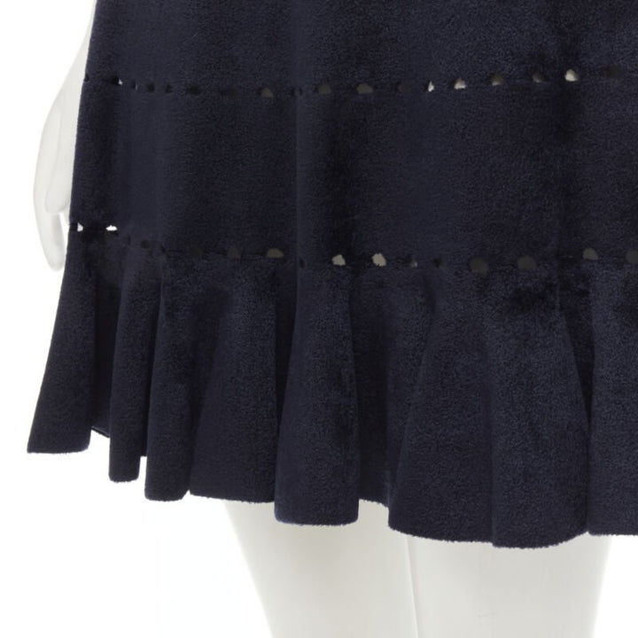 ALAIA black velour geometric cut out flared hem skirt FR38 M