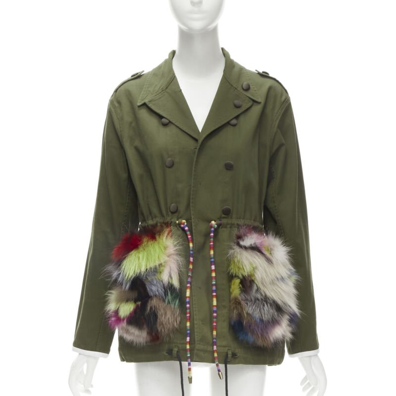 HARVEY FAIRCLOTH green cotton multi print fox fur pocket drawstring jacket S