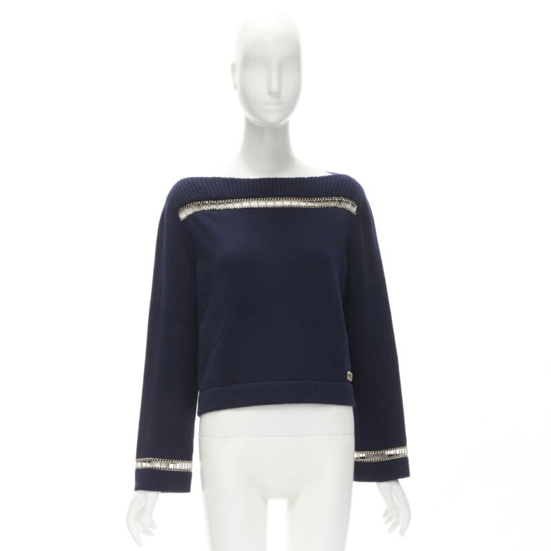 CHANEL 2020 Runway 100% cashmere navy gold chain trim boat neck sweater FR38