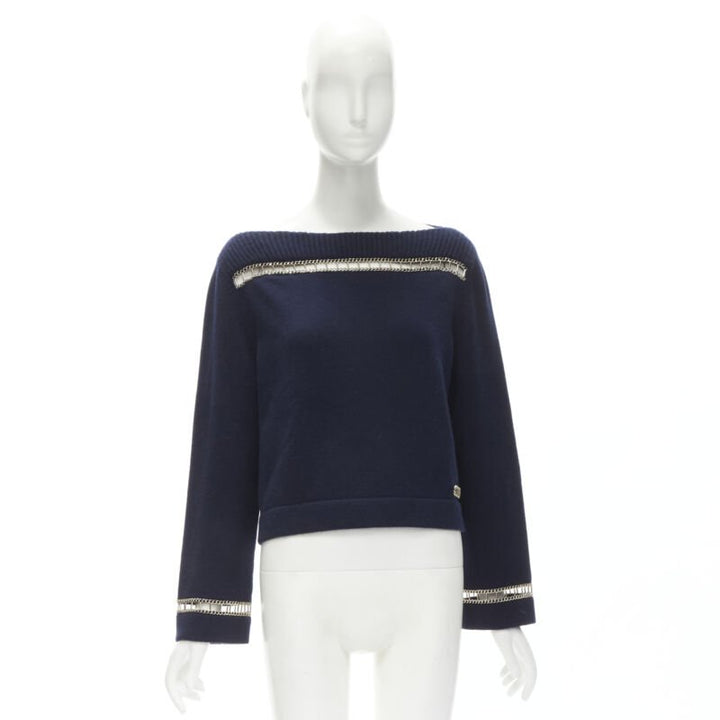 CHANEL 2020 Runway 100% cashmere navy gold chain trim boat neck sweater FR38