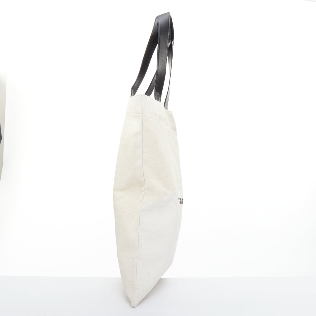 JIL SANDER Logo Print Canvas Long Tote beige canvas black leather trim bag