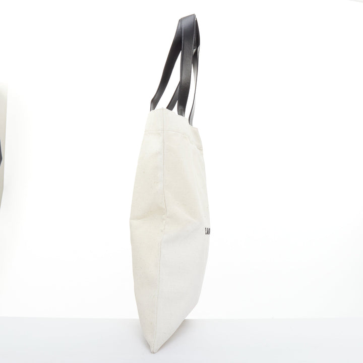 JIL SANDER Logo Print Canvas Long Tote beige canvas black leather trim bag
