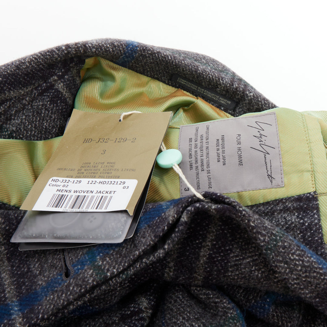 YOHJI YAMAMOTO grey blue 100% wool checked boxy jacket coat JP3 L