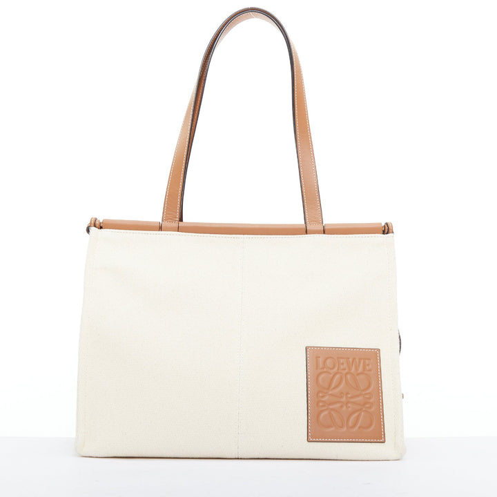 LOEWE Small Cushion cream canvas brown anagram logo shoulder tote bag