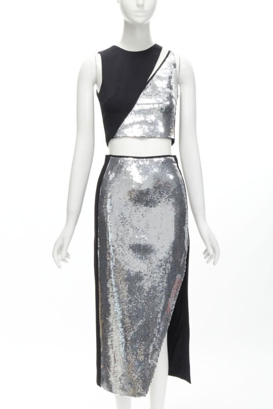 DAVID KOMA silver sequins midriff crop top asymmetric high slit skirt set UK6 XS