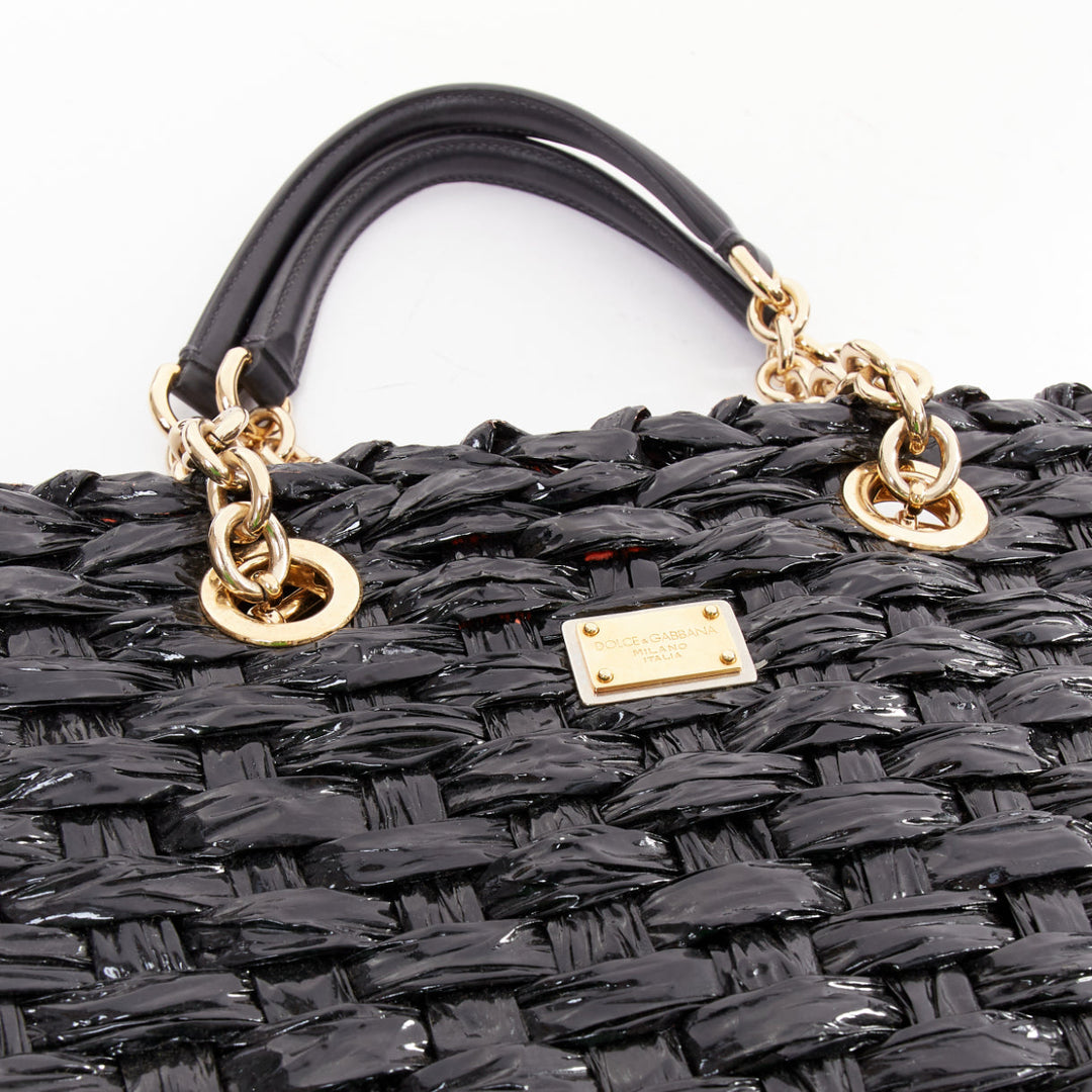 DOLCE GABBANA Vernice Vitello black lacquered raffia woven coffa large tote bag