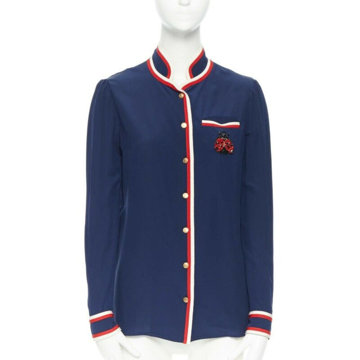 GUCCI navy tricolour ladybird ladybug embellish brooch badge silk shirt IT36 XXS