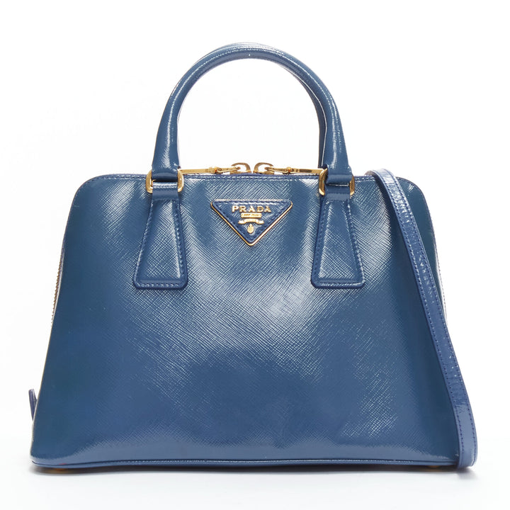 PRADA Promenade Vernice Saffiano blue leather triangle logo top handle tote bag