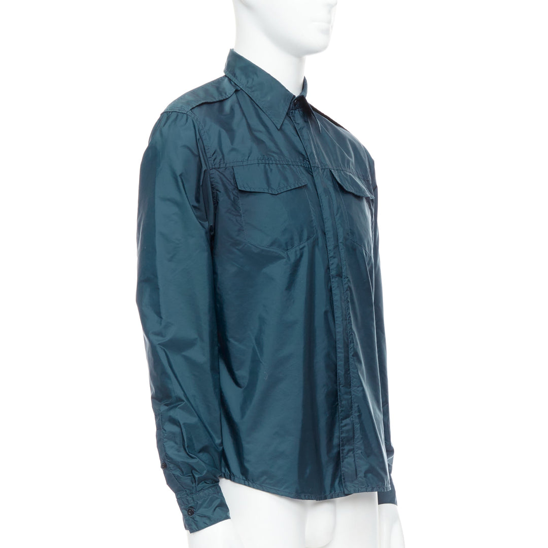 PRADA 2018 dark teal blue nylon concealed silver zip over shirt S