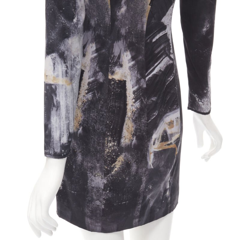 HELMUT LANG abstract grey gold paint stroke print mini dress S