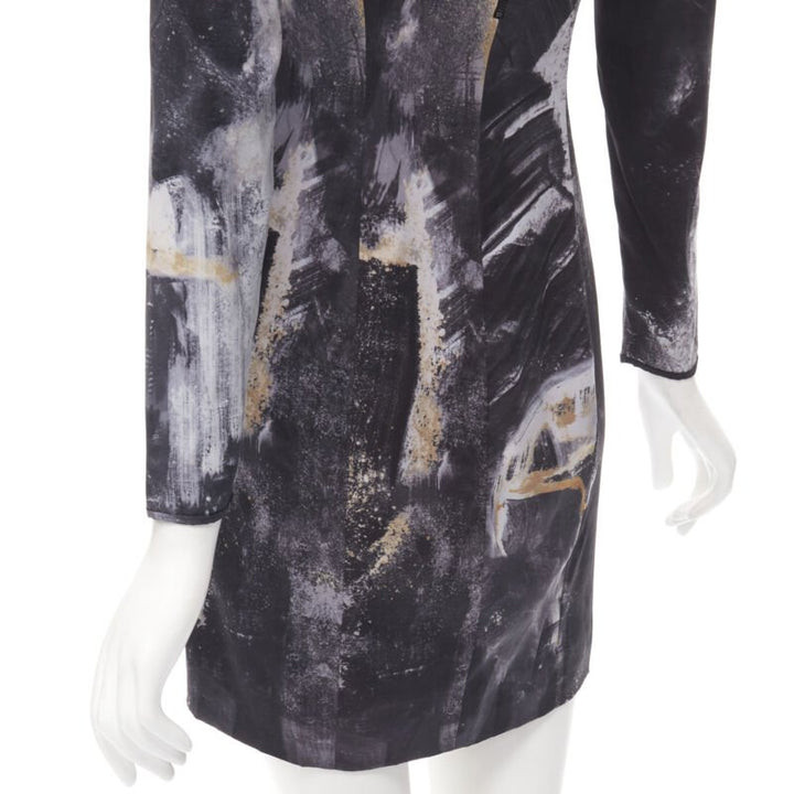 HELMUT LANG abstract grey gold paint stroke print mini dress S