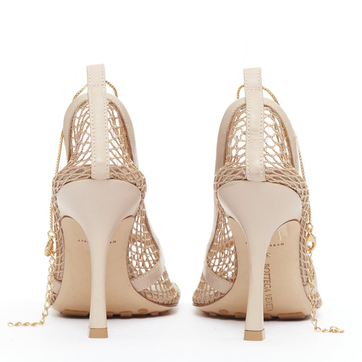 BOTTEGA VENETA Stretch nude leather fishnet square toe chain heels EU37