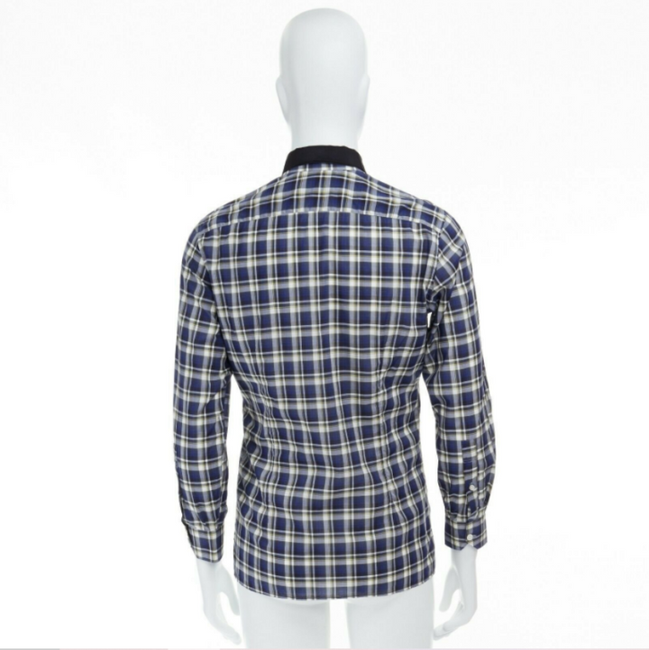 LANVIN ALBER ELBAZ blue checked cotton grosgrain ribbon collar shirt EU38 S